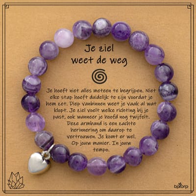 Bixorp Droom Amethist Armband op Cadeau Kaartje - Je ziel weet de weg - Met Hartje Hanger - 8mm / 18cm Edelsteen Kralenarmband - Inclusief Cadeau Envelop