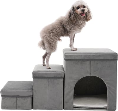 Hondentrap met 3 treden voor kleine honden en katten - Opbergruimte, 60 cm hoog, grijs/blauw