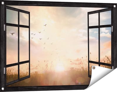 Gards Tuinposter Doorkijk Silhouet Vogels tijdens Zonsopkomst - 90x60 cm - Tuindoek - Tuindecoratie - Wanddecoratie buiten - Tuinschilderij