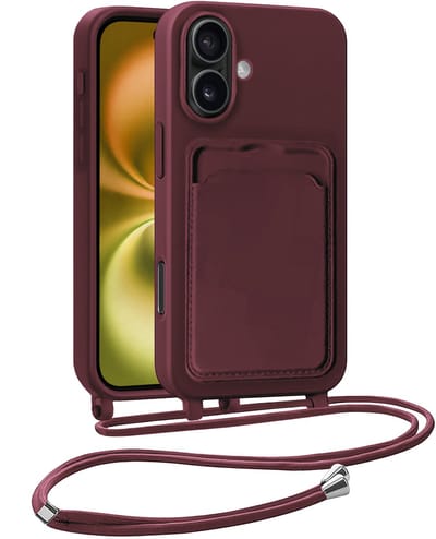 Hoesje Geschikt voor iPhone 16 Plus Telefoonhoesje Met Koord Case Pashouder Siliconen - Hoes Geschikt voor iPhone 16 Plus Hoesje Met Kaarthouder - Aubergine