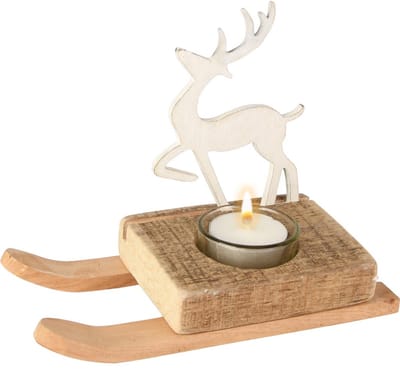 Dekoratief | Theelichthouder slee m/hert, wit/naturel, hout, 18x8x13cm | A255607
