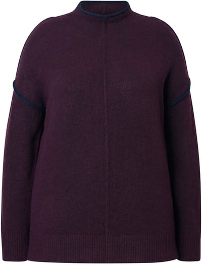 Ulla Popken - Dames - Trui contraststrepen oversized opstaande kraag lange mouw - Donker wijnrood - Maat 42+