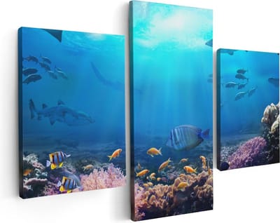 Artaza Canvas Schilderij Drieluik Vissen met Haaien in de Oceaan met Koraalrif - 90x60 - Foto Op Canvas - Canvas Print