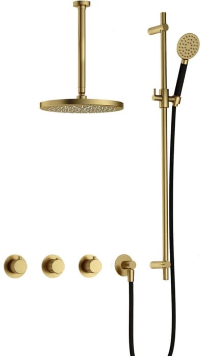 Hotbath Cobber X - CX7067 - Inbouw Regendoucheset - Geborsteld Messing PVD - 2 Stopkranen - Thermostatisch - Plafondbuis 30 cm - Hoofddouche 200 mm - Ronde Handdouche 3 Standen - Glijstang 900 mm - Waterbesparend