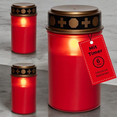 Novaliv LED grafverlichting met batterij en timer 6/18 rood 3x kaarsen begraafplaats grafverlichting LED met batterij begraafplaatskaars LED kaars buiten gedenkkaars graflantaarn eeuwig licht rouwkaars
