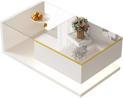 Salontafel - 90 cm - Glasplaat en LED Effect - Hoogglans Modern Design - Glas en MDF - Wit