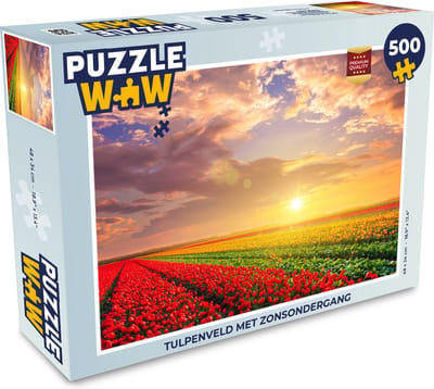 Puzzel Tulpenveld met zonsondergang - Legpuzzel - Puzzel 500 stukjes