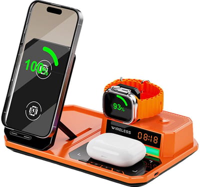 Namajunas - 6 in 1 Draadloze Oplader - Draadloze Bluetooth Speaker - 7-kleuren RGB -30W Iphone Oplader - Snellader iphone - Geschikt voor iphone (8-17) - AirPods & iWatch - Wireless charger - GSM Lader - Draadloos Qi Station - Opvouwbaar - Oranje