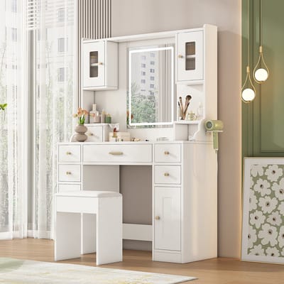 Pugsdrly Grote kaptafel met verstelbare LED-verlichting en stopcontacten, kaptafel met spiegel, 6 lades en 4 deuren voor de slaapkamer, wit, afmetingen 105 × 152 × 40 cm (B × H × D)