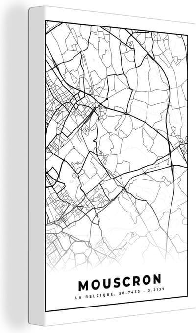 Canvas Schilderij Zwart Wit – België – Plattegrond – Stadskaart – Kaart – Mouscron - 20x30 cm - Wanddecoratie
