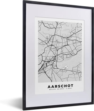 Fotolijst incl. Poster Zwart Wit- Kaart – Plattegrond – Stadskaart – Aarschot – België – Zwart Wit - 30x40 cm - Posterlijst