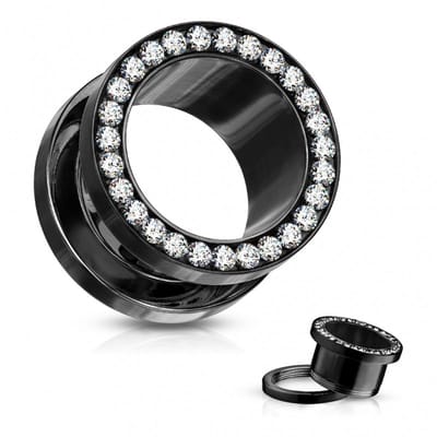 1.2 mm Screw-fit tunnel zwart met witte steentjes - LMPiercings