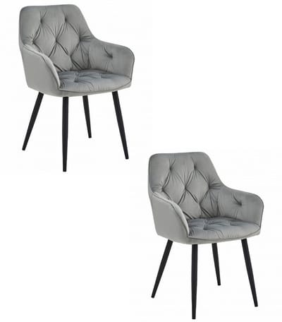 Set van 2 - Stoel JORK - Zilvergrijs Velvet - Zwarte Metaalpoten - Luxe Eetkamerstoel - Fauteuil - Met Armleuning - Modern Design - Elegant en Comfortabel voor Woonkamer, Keuken of Eetkamer - Max. 110 kg