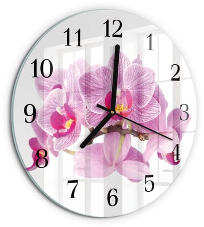 Tulup Wandklok - Orchideeën Decoratieve Glazen Klok - 30fi cm - Roze Glazen Wandklok Design - Zwarte Handen - Ronde Wandklok - Wandklok Glas Met Motief - Decoratieve Glazen Klok