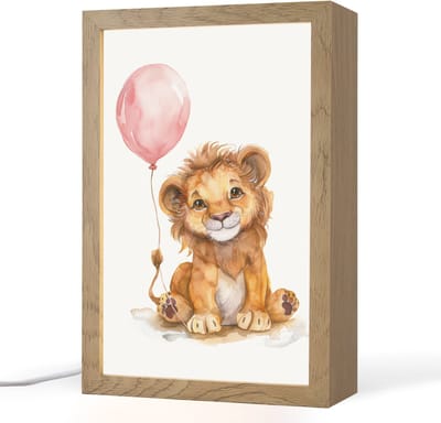 Nachtlampje 20x30 cm - Kinder lampje - Leeuw - Baby dier - Dieren - Roze ballon - Tafellamp kinderkamer - Slaapkamer lamp - Bedlamp kinderen - Kinderlampje stopcontact - Wandlamp babykamer - Nachtlampjes