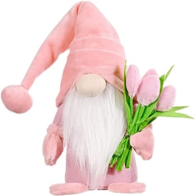 Schattige staande kabouters met tulpenboeketten - Perfect cadeau voor vrouwen, moeders en verjaardagen, 37 x 8 x 6 cm (roze)