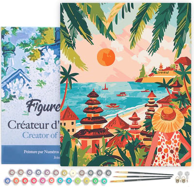 Figured'Art Schilderen op Nummer Volwassenen met lijst Zonsondergang in Bali- Handwerk acrylverf Kit DIY Compleet - 40x50cm Canvas al ingelijst