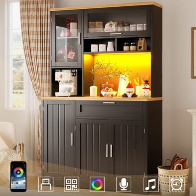 Keukenkast - 104x40x180 cm - Vitrine met LED - Voor Keuken en Woonkamer - MDF - Wit en Zwart