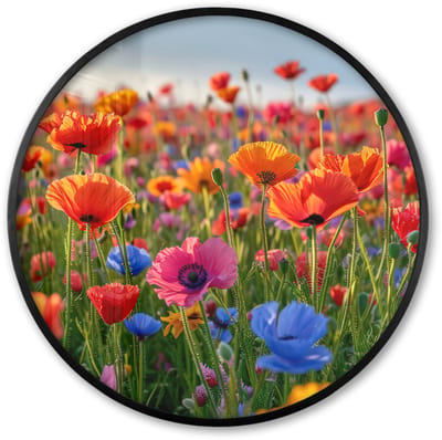 Poster in lijst Rond - Fotolijst 60x60 cm - Posters - Bloemen - Klaprozen - Kleurrijk - Natuur - Ronde posterlijst zwart - Decoratie - Wanddecoratie woonkamer - Muurdecoratie slaapkamer