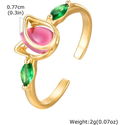 Vnox koperen ringen met open tulpbloemmotief, ingelegd met rode of witte steen, verstelbare, esthetische ringen, sieraden, huwelijksgeschenken. beige