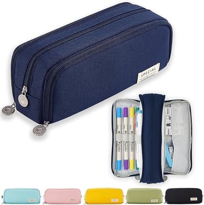 Pennenetui voor jongeren, jongens en meisjes, 3 vakken, grote inhoud, voor school en kantoor school etui（Blauw）