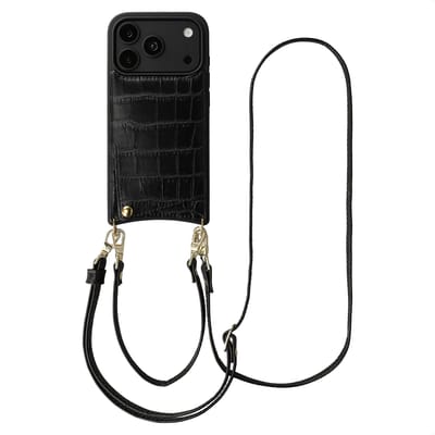 Selencia Hoesje - Geschikt voor Apple iPhone 18 Pro / 17 Pro - Croco Backcover met koord en pashouder - Zwart