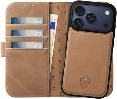 Rosso Elite Hoesje Geschikt voor Apple iPhone 17 Pro | Compatibel met MagSafe / Qi2 | Book Case en Back Cover | Magnetisch Uitneembaar | Echt Leer Beschermhoes met Pasjeshouder | Lichtbruin