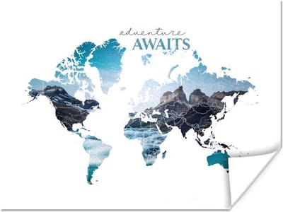 Wereldkaarten - Wereldkaart - Quotes - Adventure - Berg - 80x60 cm