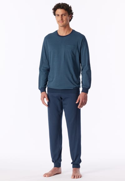 Lange pyjama met manchetten en borstzak, diepblauw met patroon - Comfort Essentials 50