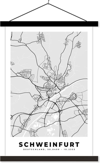 Posterhanger incl. Poster 40x60 cm - Schoolplaat - Duitsland - Plattegrond - Kaart - Schweinfurt - Stadskaart - Textielposter - Zwarte latten - Stadskaart