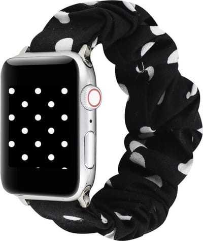 By Qubix - Geschikt voor Apple Watch bandje - Elastisch scrunchie nylon bandje - Zwart met witte stippen - Geschikt voor Apple Watch 38mm / 40mm / 41mm / 42mm - nylon - bandje iWatch