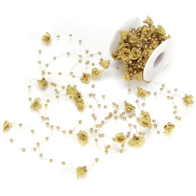 10M Chaînes de Perles d'Imitation Fleurs Roses en Ruban Fil Ligne Perles Accessoires Vêtements DIY or