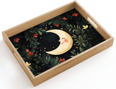 Dienblad hout 40x30 cm - Schootdienblad - Maan - Bloemen - Nachthemel - Borrelplank rechthoek - Plateau dienbladen