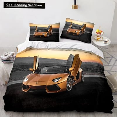 Sportwagen King Queen Dekbedovertrek Cool Kleurrijk Supercar Patroon Beddengoed Set voor Mannen Volwassene Raceauto 23 stuks Polyester Dekbedovertrek US Queen 228x228cm