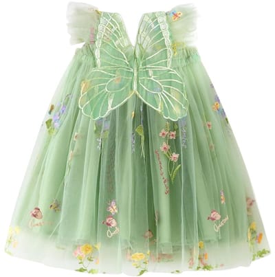 Dailygoods- Feestjurk met Tule en Vlindervleugels - Prinsessenjurk Meisje - Verjaardagsjurk - Bruiloft - Zomerjurk Peutermeisjes - Bloemenkant