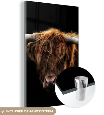 Glasschilderij Schotse Hooglander - Horens - Zwart - Dieren - Koe - Woonkamer - 120x180 cm - Foto op glas - Wanddecoratie glas - Kamer decoratie - Glasplaat - Muurdecoratie
