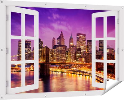 Gards Tuinposter Doorkijk Skyline New York van Centrum in het Paars - 150x100 cm - Tuindoek - Tuindecoratie - Wanddecoratie buiten - Tuinschilderij