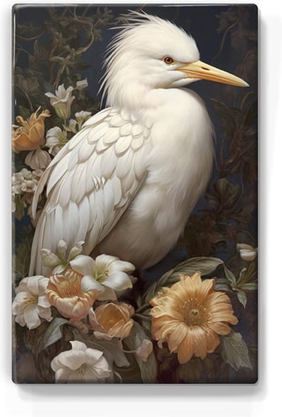 Witte reiger met bloemen 1 - Laqueprint - 19,5 x 30 cm - Niet van echt te onderscheiden handgelakt schilderijtje op hout - Mooier dan een print op canvas. - LP324