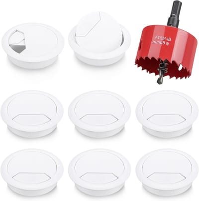 8-delige kabeldoorvoer set voor bureau, 60mm kabelopening, ideaal voor standaard bureaus en werkbanken, inclusief gatenzaag