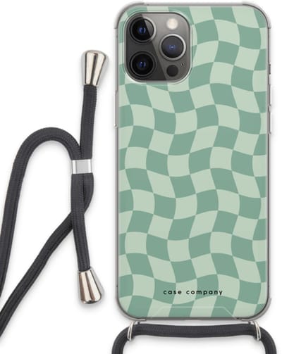 Case Company® - Hoesje met koord geschikt voor iPhone 13 Pro Max hoesje met Koord - Grid Groen - Telefoonhoesje met Zwart Koord - Bescherming aan alle Kanten en Over de Schermrand