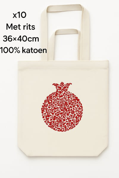 Katoenen Tas - Tote Bag - Naturel - 270gr katoenen - 36x40x10cm - Met rits - 10 Stuks - Canvas Tas - Boodschappentas - Draagtas - Schoudertas & handtas - Duurzaam - Handig - Strandtas - Met de afbeelding van een rode granaatappel.