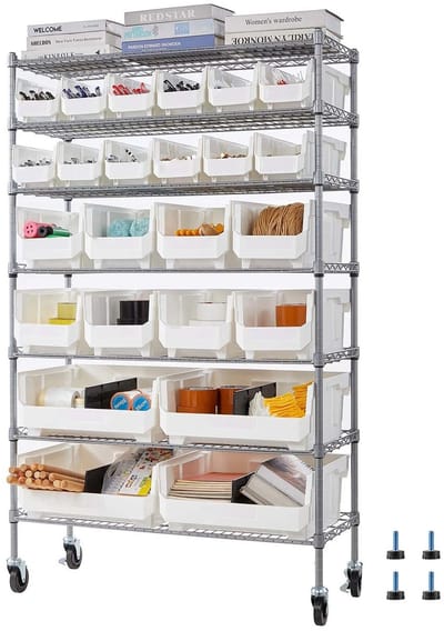 Solayne Kast - Opbergkast - Opbergrek - Stellingkast - Opbergrek metaal - Met bakken & wielen - Multifunctioneel - 90x35,5x148 cm