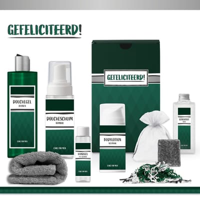 Geschenkset “Gefeliciteerd!” - 7 producten - 850 gram | Giftset voor hem - Luxe wellness cadeaubox - Cadeau man Verjaardag - Happy Birthday - Gift Set Party - Cadeaupakket Deluxe - Verjaardagscadeau - Feestje Geslaagd - Diploma - Afgestudeerd - Groen