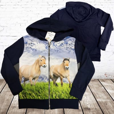 Meisjes vest met bruine paarden - Blauw - 110/116