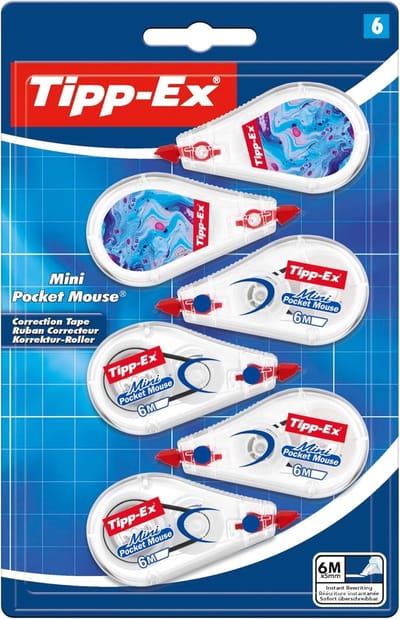 SnelShoppen - Tipp-Ex Mini Pocket Mouse Correctietape met Scheurbestendige Kunststoffolie - 2 Coole Hydro Dipping Motieven + 4 Originele Behuizingen -