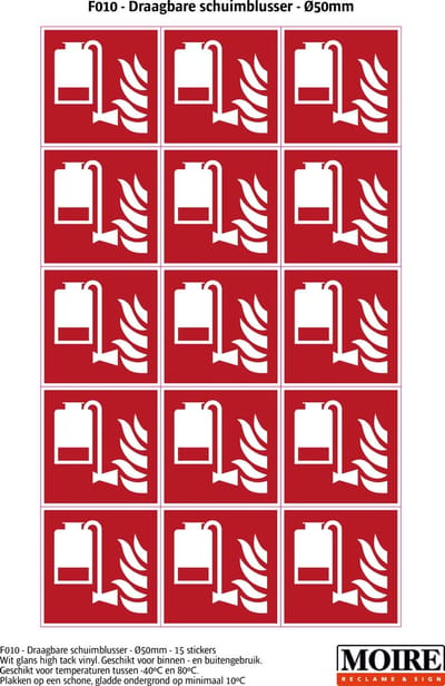 Pictogram sticker 75 stuks F010 - Draagbare schuimblusser - 50x50mm - 15 stickers op 1 vel