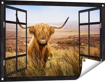 Gards Tuinposter Doorkijk Schotse Hooglander Koe in het Veld - 90x60 cm - Tuindoek - Tuindecoratie - Wanddecoratie buiten - Tuinschilderij