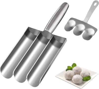 QTTVBTNA - 1 Stuk RVS Gehaktballen Maker 3-Vormig – Handmatige Meatball Former met Lange Handgreep – Multifunctionele Portioneerlepel voor Gehakt, Frikadellen en Keukenbereidingen – Duurzaam, Gebruiksvriendelijk & Makkelijk Schoon te Maken – zilver