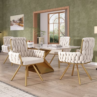 MODFU - Eetkamerstoel Set Van 4 - Draaibaar Met Armleuningen - Modern Minimalistisch - Metaal - Beige