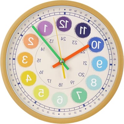 Wandklok - Klok Leer - Tijd Leren - Niet-tikkende beweging - 25.40 cm - Houtkleur